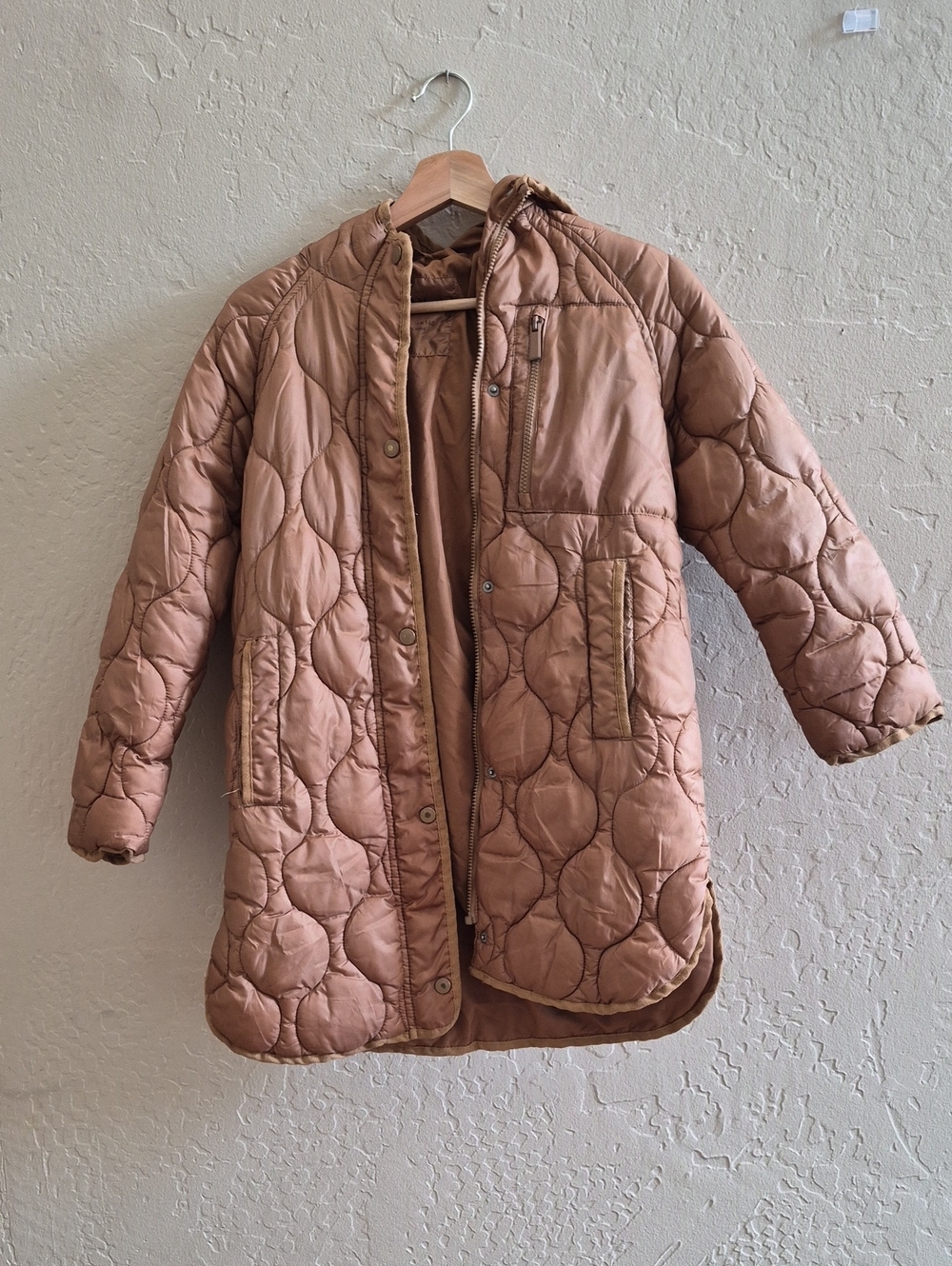 Zara Quilted Long Puffer Coat in Light Brown